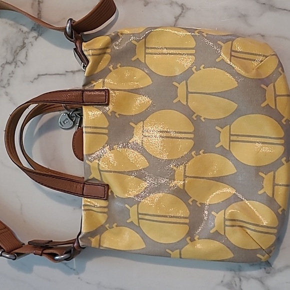 Fossil Key-Per Yellow Tan Ladybugs Coated Canvas Leather Top Handles Crossbody - Picture 8 of 15